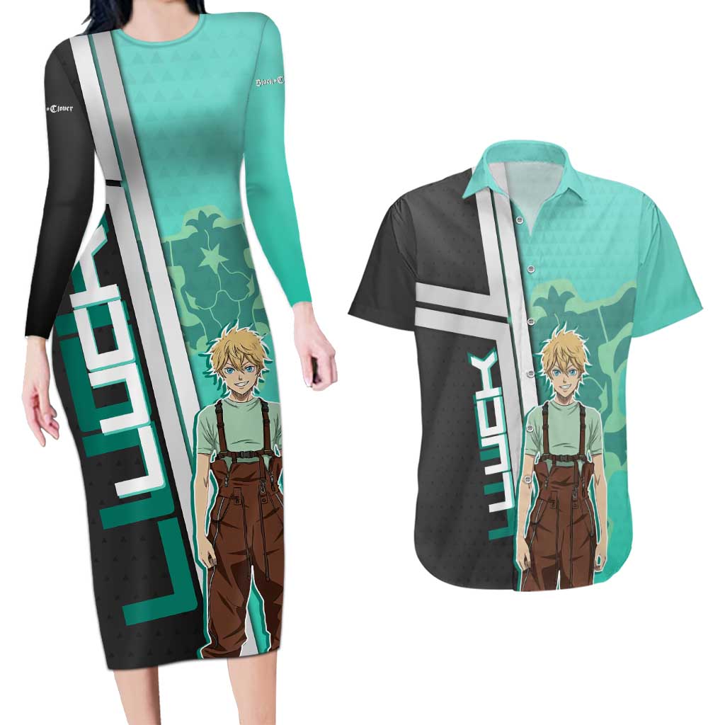Black Clover Luck Voltia Couples Matching Long Sleeve Bodycon Dress and Hawaiian Shirt Modern Anime Poster Style