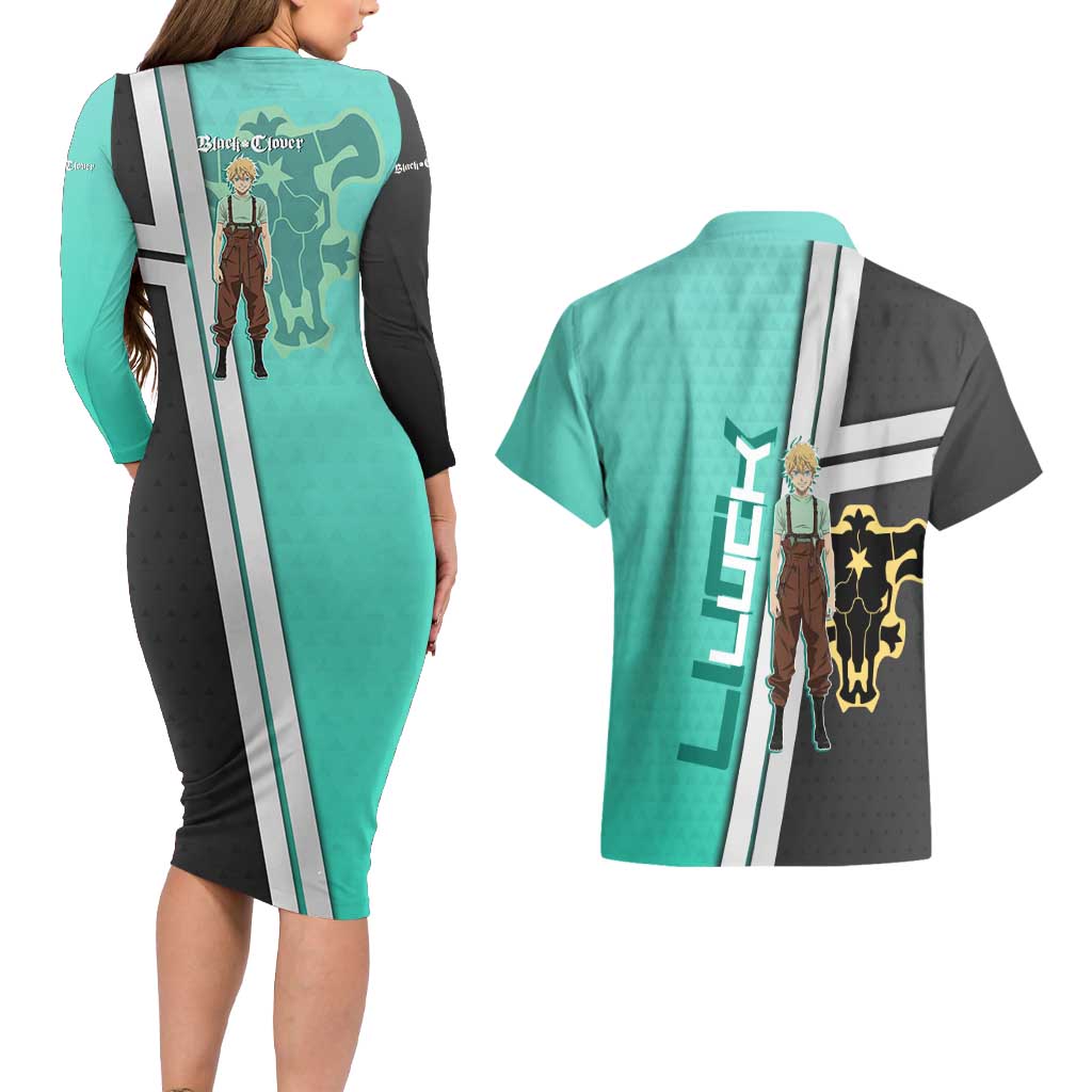 Black Clover Luck Voltia Couples Matching Long Sleeve Bodycon Dress and Hawaiian Shirt Modern Anime Poster Style