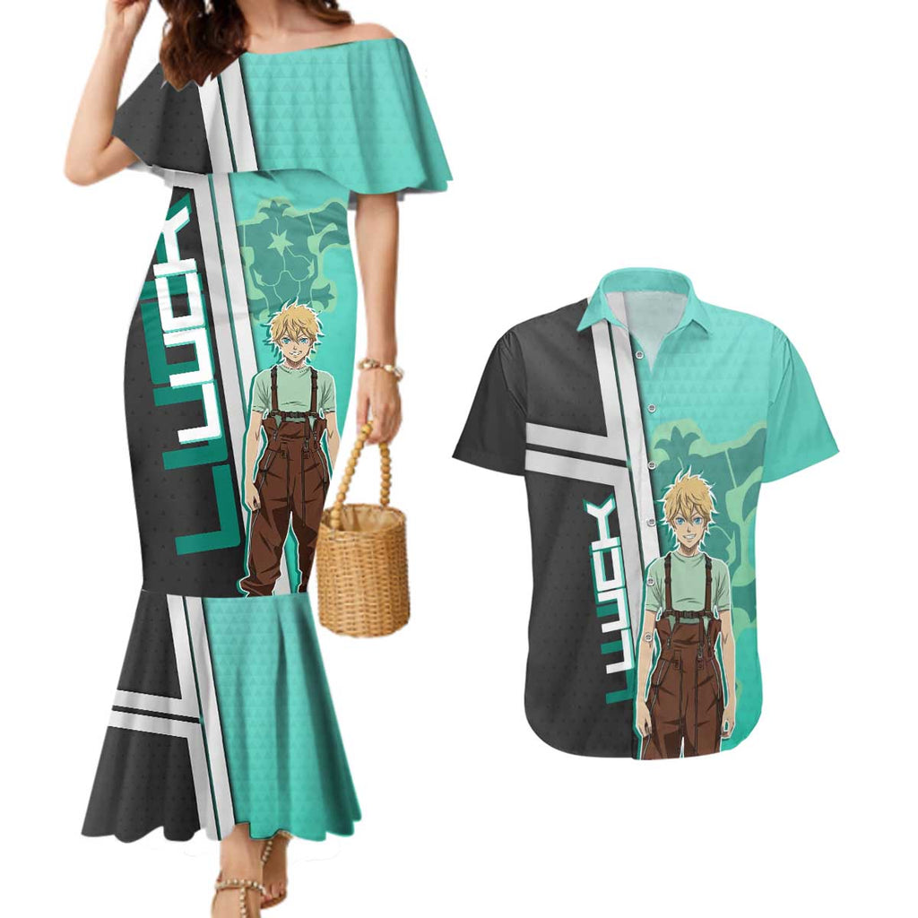 Black Clover Luck Voltia Couples Matching Mermaid Dress and Hawaiian Shirt Modern Anime Poster Style
