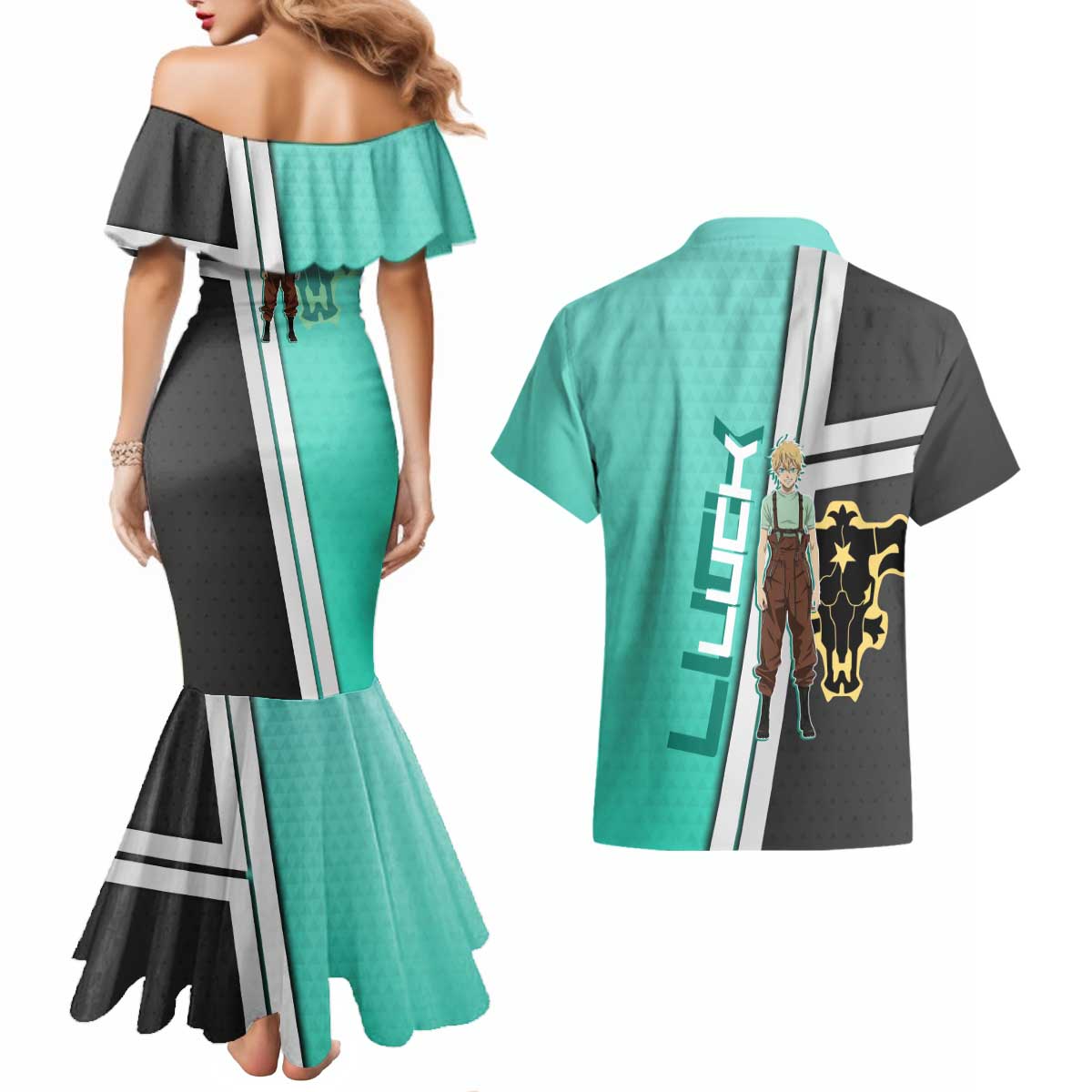 Black Clover Luck Voltia Couples Matching Mermaid Dress and Hawaiian Shirt Modern Anime Poster Style