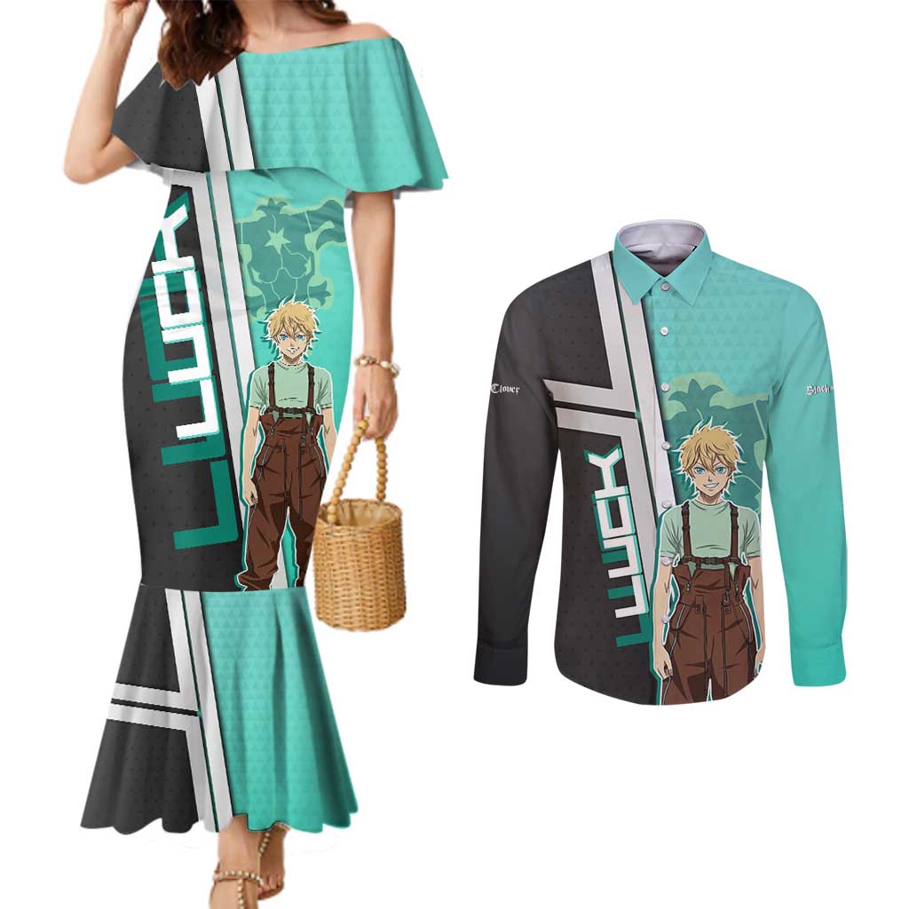 Black Clover Luck Voltia Couples Matching Mermaid Dress and Long Sleeve Button Shirt Modern Anime Poster Style