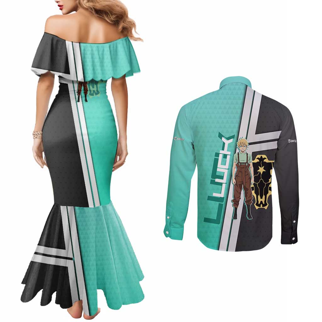 Black Clover Luck Voltia Couples Matching Mermaid Dress and Long Sleeve Button Shirt Modern Anime Poster Style