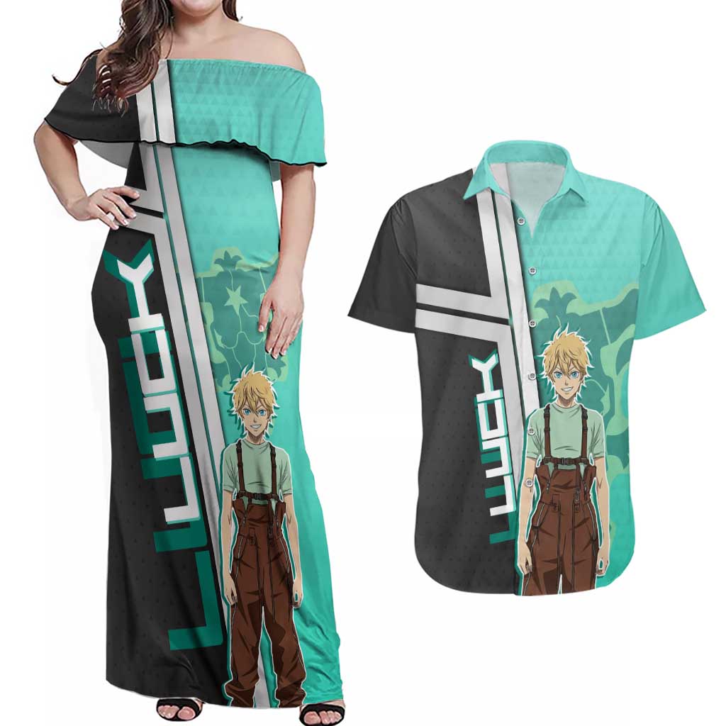 Black Clover Luck Voltia Couples Matching Off Shoulder Maxi Dress and Hawaiian Shirt Modern Anime Poster Style