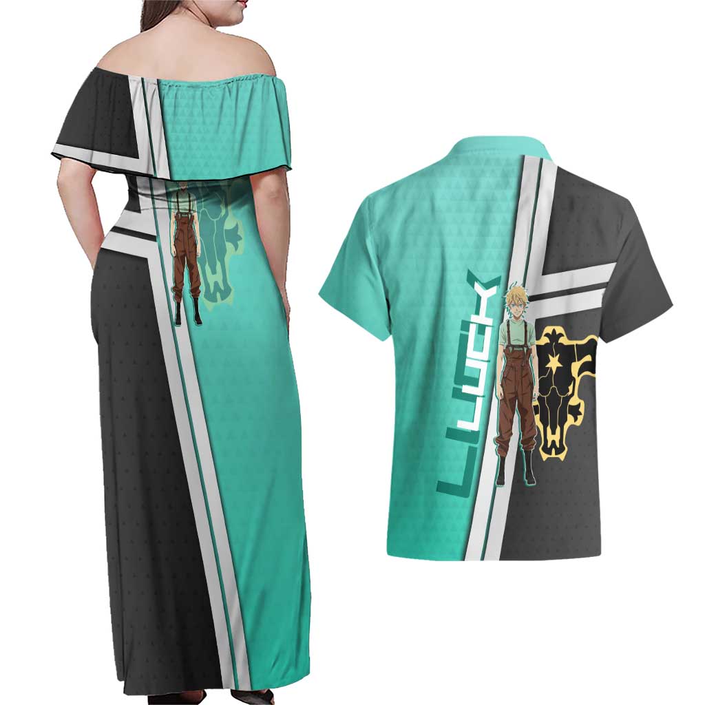 Black Clover Luck Voltia Couples Matching Off Shoulder Maxi Dress and Hawaiian Shirt Modern Anime Poster Style