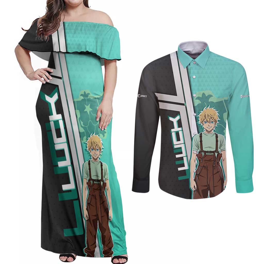 Black Clover Luck Voltia Couples Matching Off Shoulder Maxi Dress and Long Sleeve Button Shirt Modern Anime Poster Style