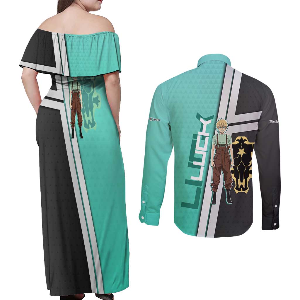 Black Clover Luck Voltia Couples Matching Off Shoulder Maxi Dress and Long Sleeve Button Shirt Modern Anime Poster Style