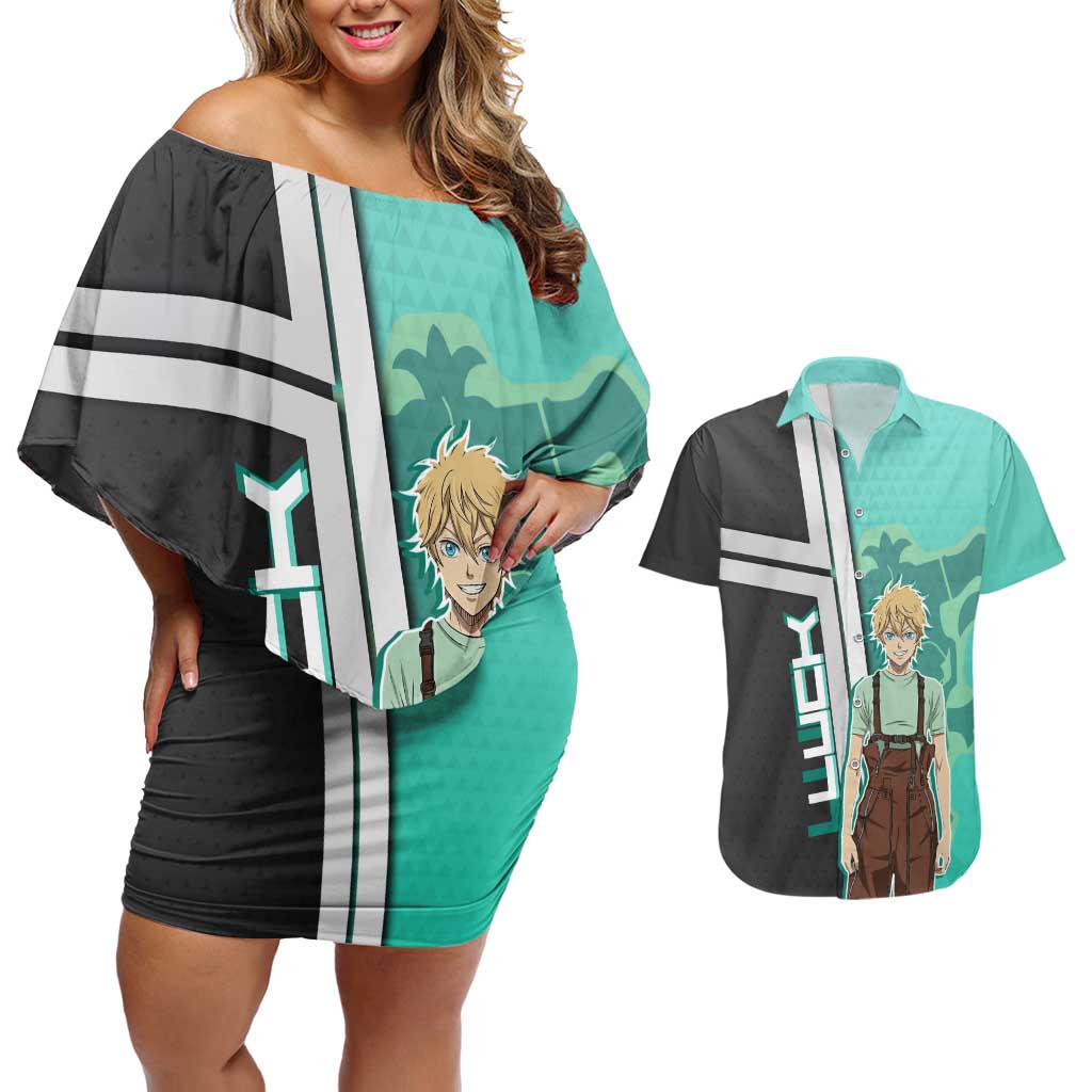 Black Clover Luck Voltia Couples Matching Off Shoulder Short Dress and Hawaiian Shirt Modern Anime Poster Style