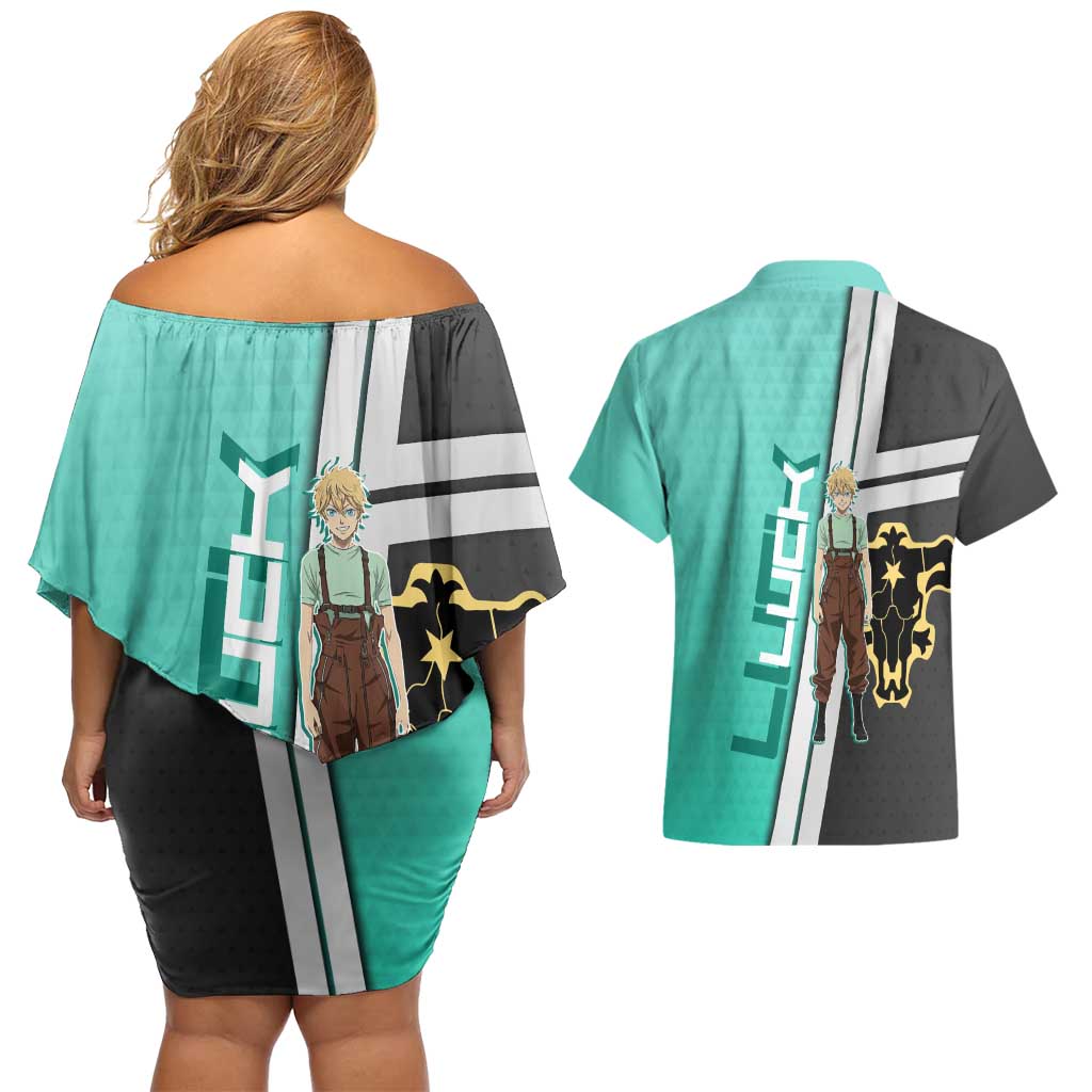 Black Clover Luck Voltia Couples Matching Off Shoulder Short Dress and Hawaiian Shirt Modern Anime Poster Style