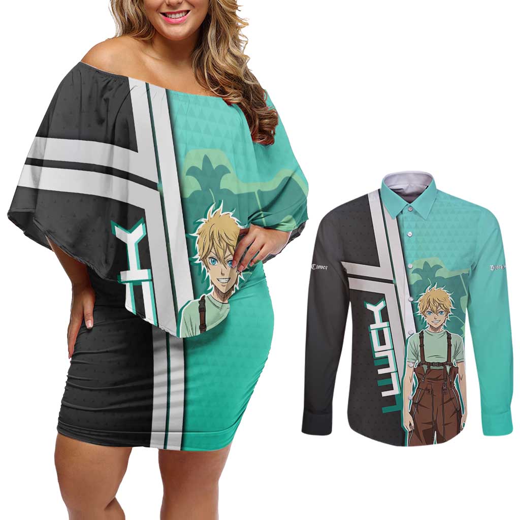 Black Clover Luck Voltia Couples Matching Off Shoulder Short Dress and Long Sleeve Button Shirt Modern Anime Poster Style