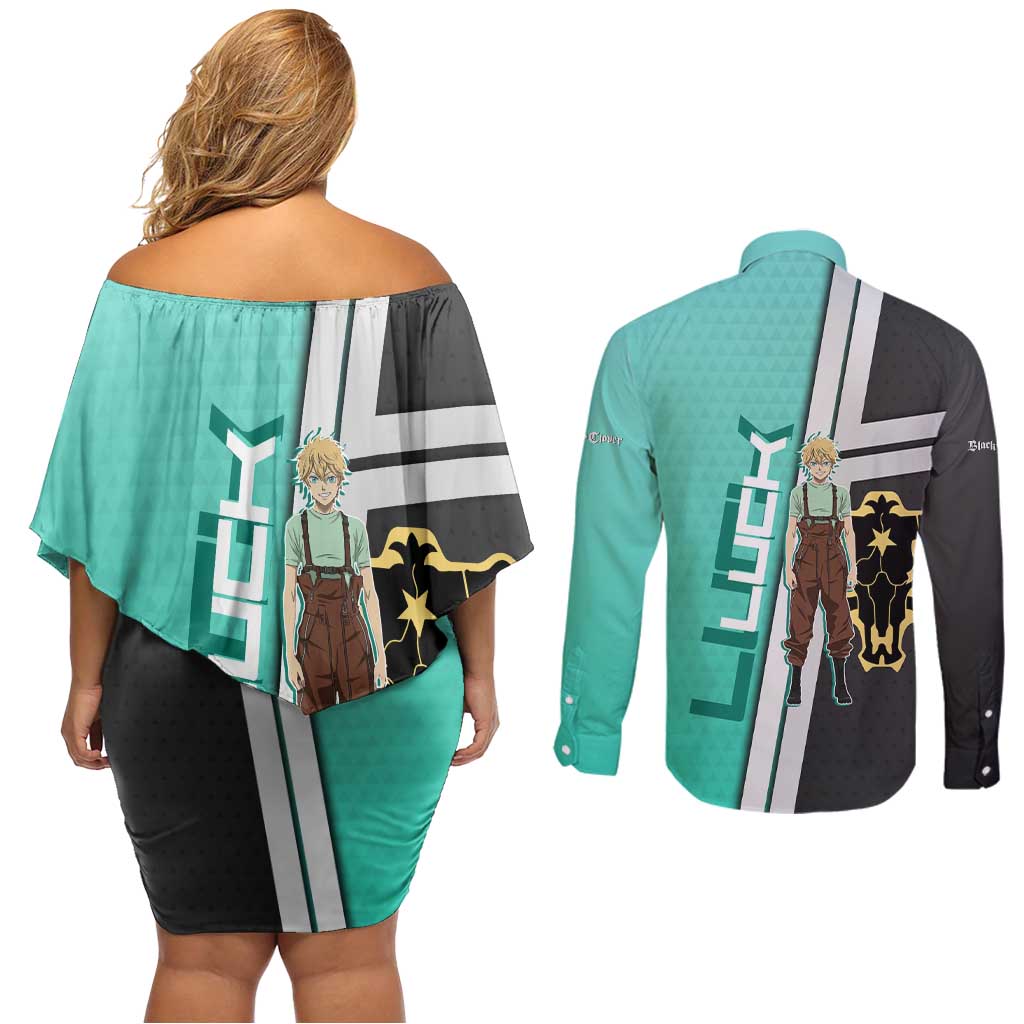 Black Clover Luck Voltia Couples Matching Off Shoulder Short Dress and Long Sleeve Button Shirt Modern Anime Poster Style