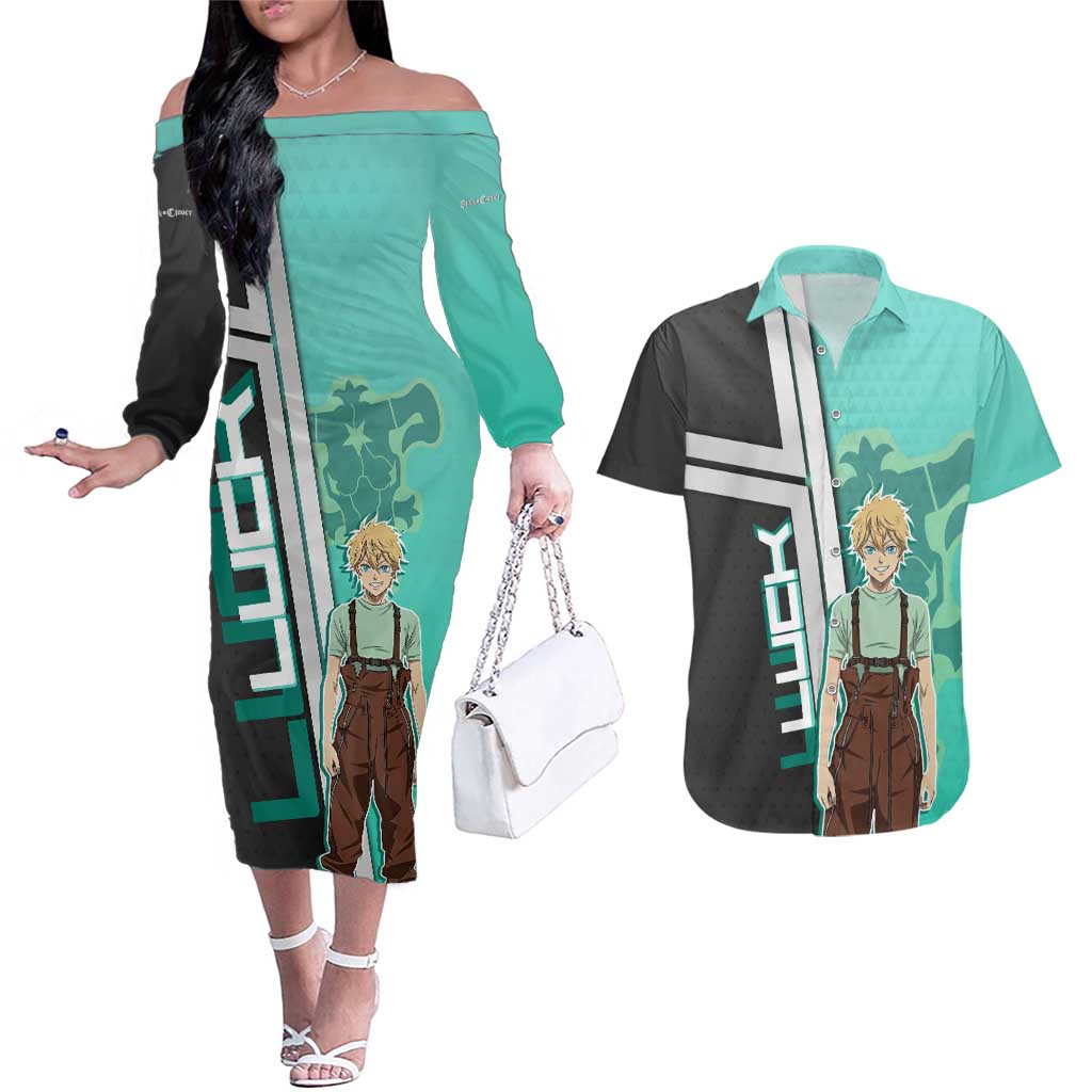 Black Clover Luck Voltia Couples Matching Off The Shoulder Long Sleeve Dress and Hawaiian Shirt Modern Anime Poster Style