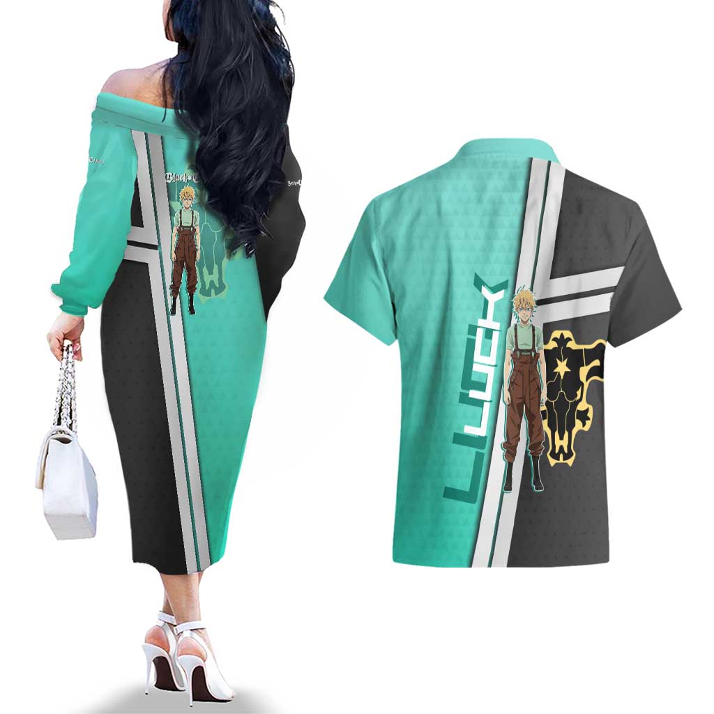 Black Clover Luck Voltia Couples Matching Off The Shoulder Long Sleeve Dress and Hawaiian Shirt Modern Anime Poster Style