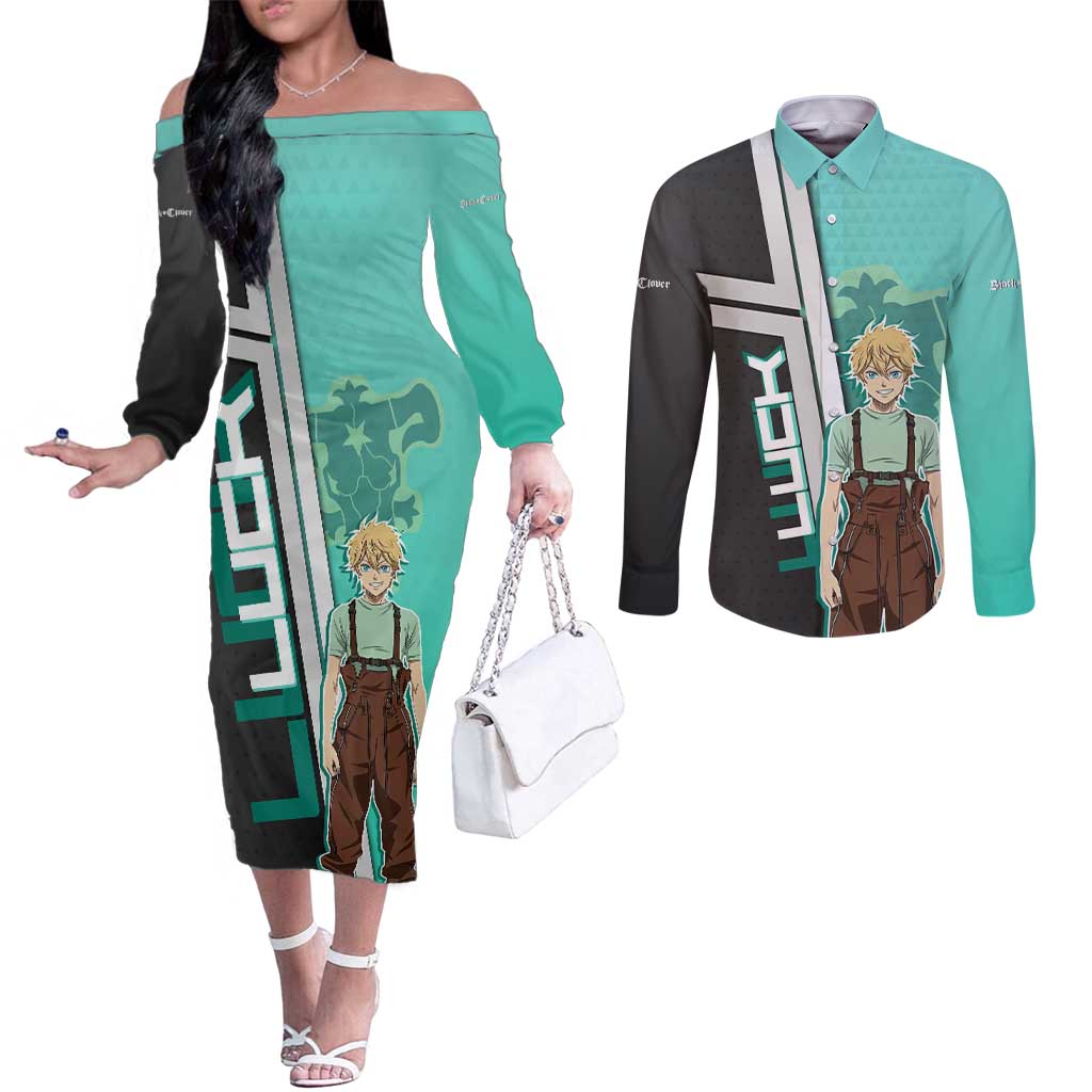 Black Clover Luck Voltia Couples Matching Off The Shoulder Long Sleeve Dress and Long Sleeve Button Shirt Modern Anime Poster Style