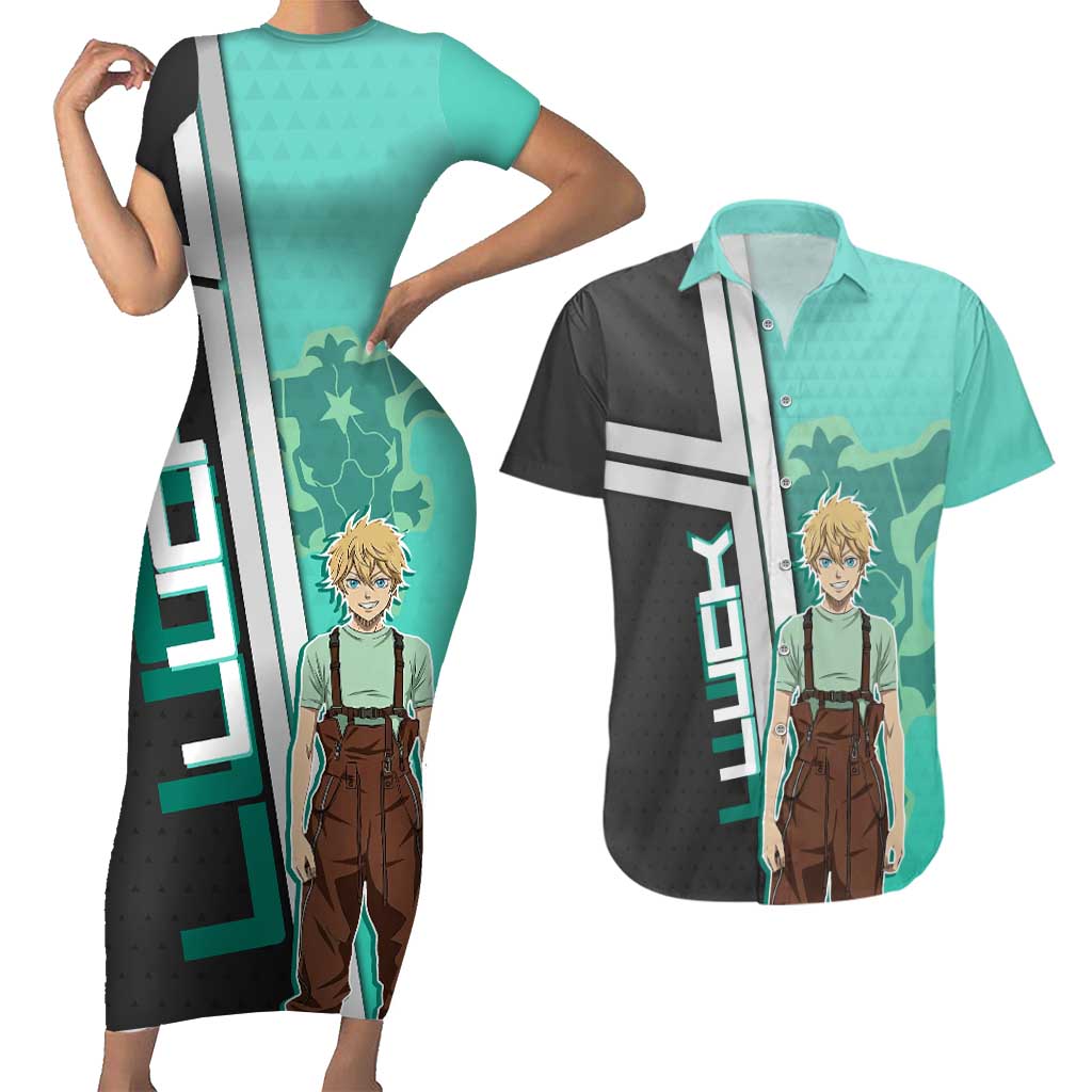 Black Clover Luck Voltia Couples Matching Short Sleeve Bodycon Dress and Hawaiian Shirt Modern Anime Poster Style