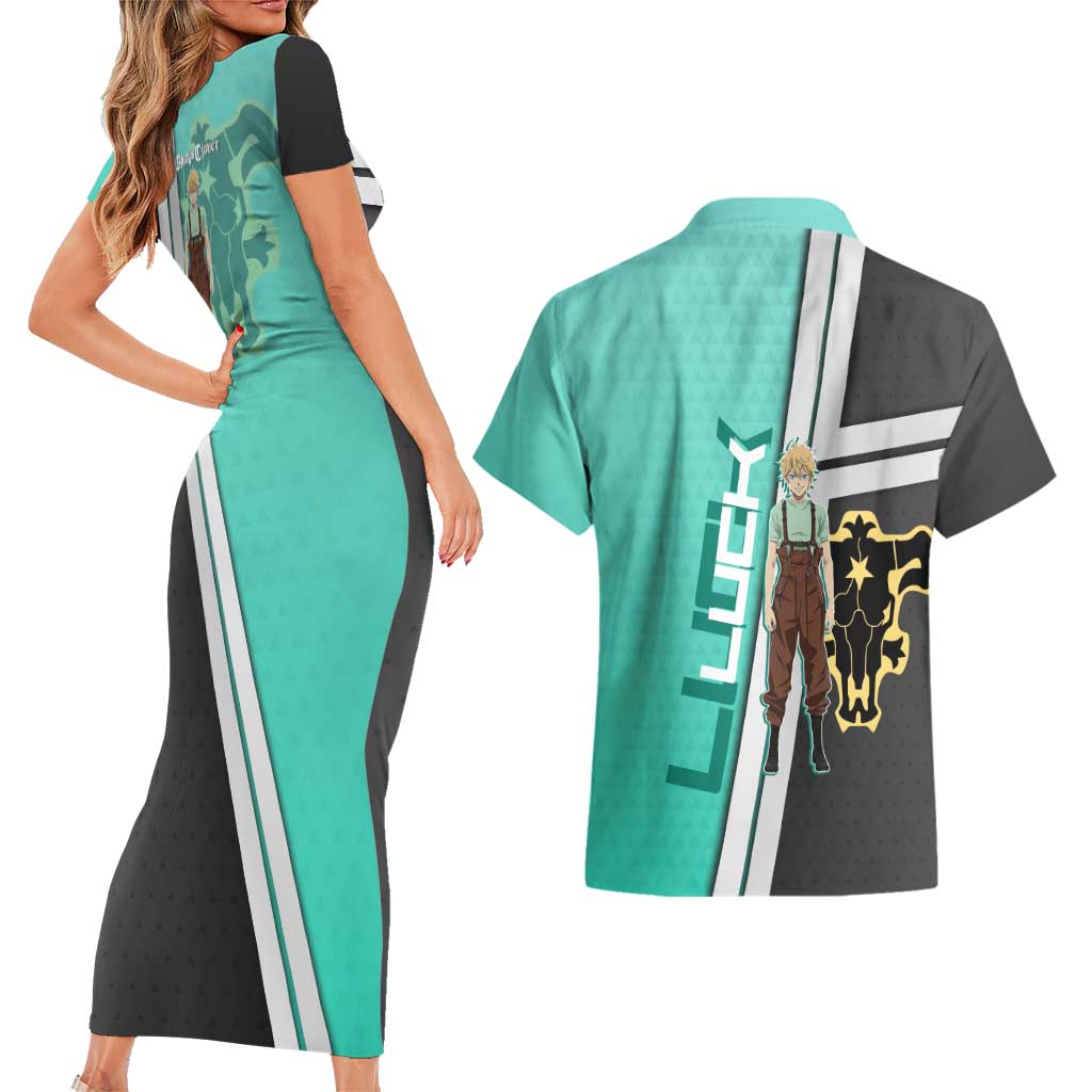 Black Clover Luck Voltia Couples Matching Short Sleeve Bodycon Dress and Hawaiian Shirt Modern Anime Poster Style