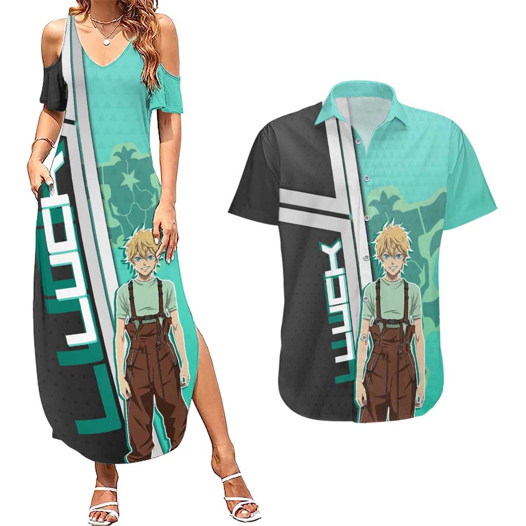 Black Clover Luck Voltia Couples Matching Summer Maxi Dress and Hawaiian Shirt Modern Anime Poster Style