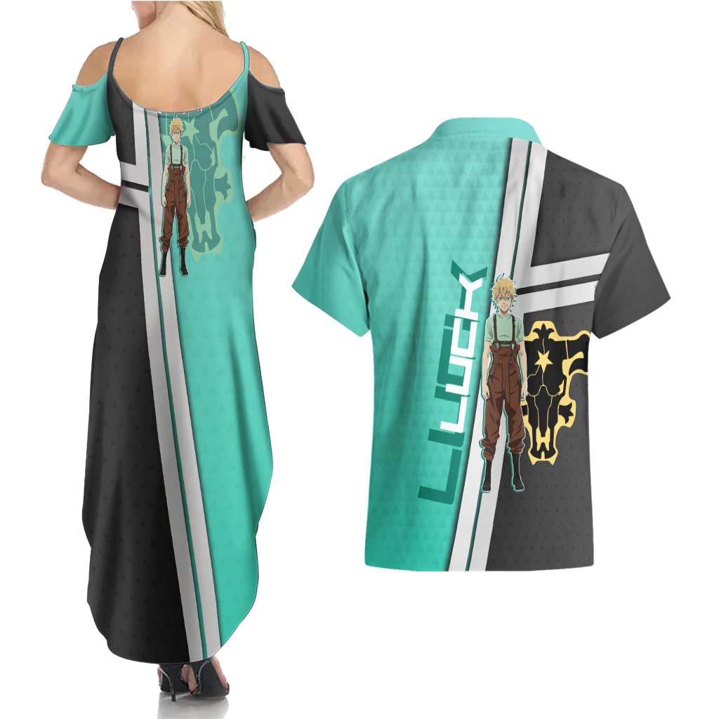 Black Clover Luck Voltia Couples Matching Summer Maxi Dress and Hawaiian Shirt Modern Anime Poster Style