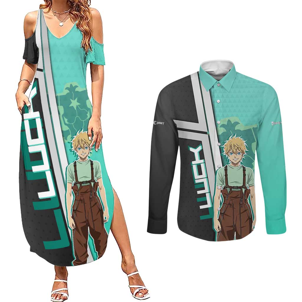 Black Clover Luck Voltia Couples Matching Summer Maxi Dress and Long Sleeve Button Shirt Modern Anime Poster Style