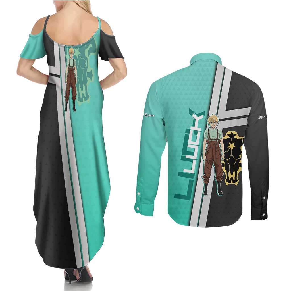 Black Clover Luck Voltia Couples Matching Summer Maxi Dress and Long Sleeve Button Shirt Modern Anime Poster Style