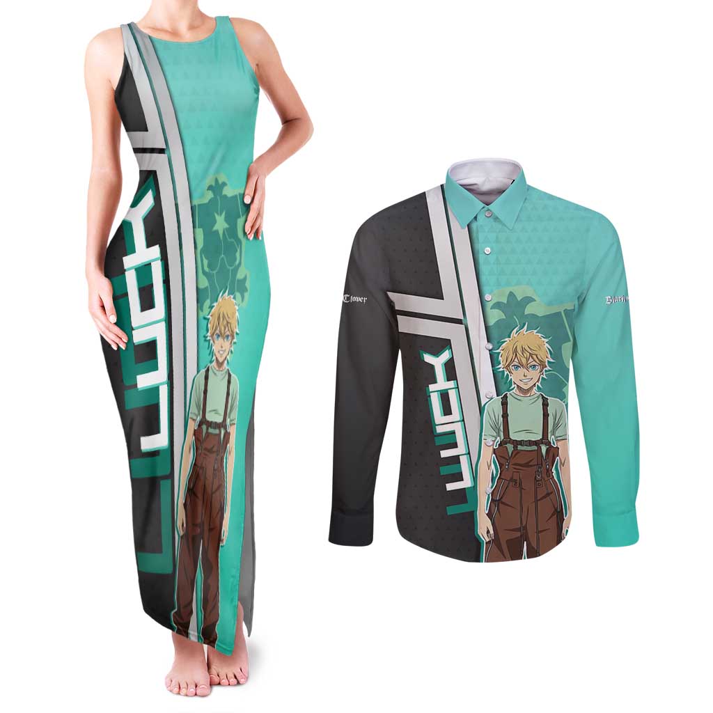 Black Clover Luck Voltia Couples Matching Tank Maxi Dress and Long Sleeve Button Shirt Modern Anime Poster Style