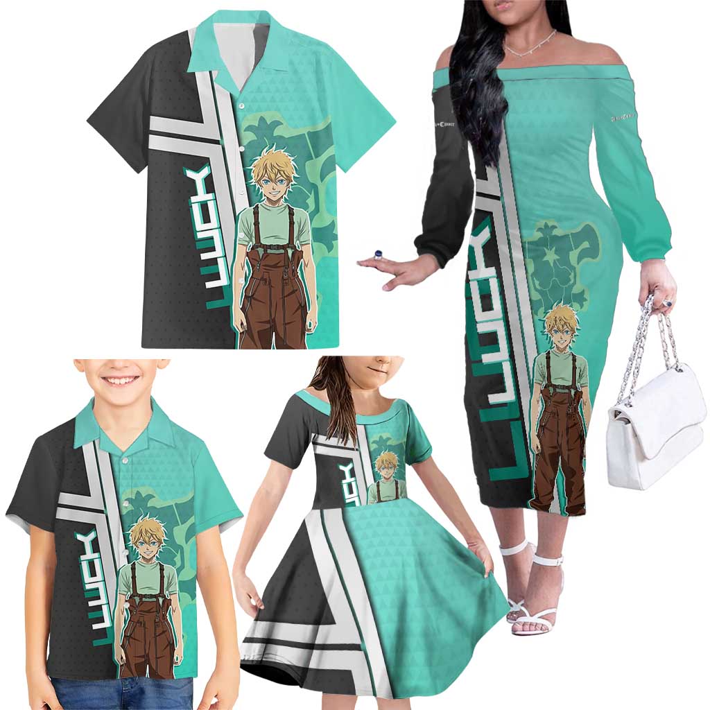 Black Clover Luck Voltia Family Matching Off The Shoulder Long Sleeve Dress and Hawaiian Shirt Modern Anime Poster Style