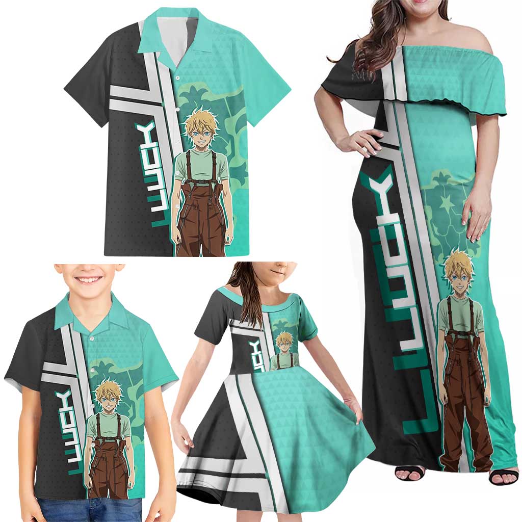 Black Clover Luck Voltia Family Matching Off Shoulder Maxi Dress and Hawaiian Shirt Modern Anime Poster Style