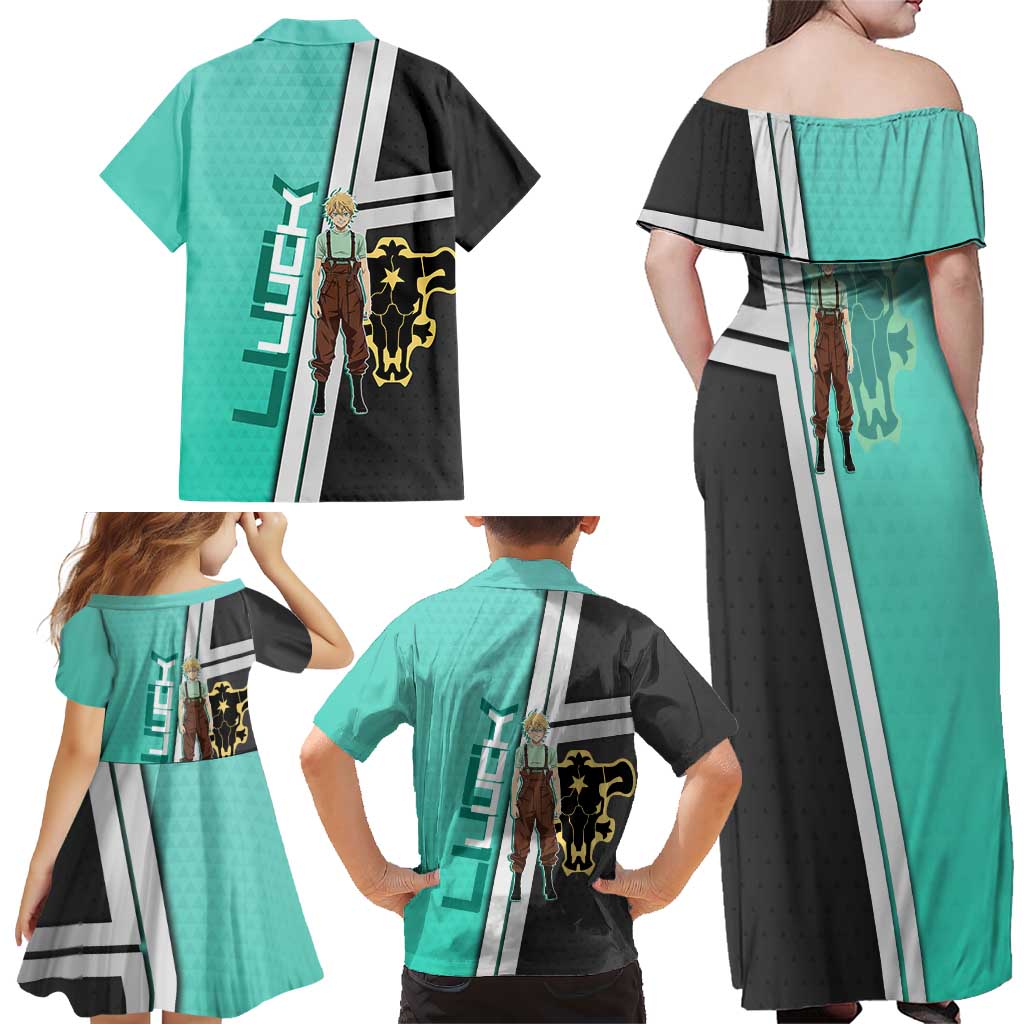 Black Clover Luck Voltia Family Matching Off Shoulder Maxi Dress and Hawaiian Shirt Modern Anime Poster Style