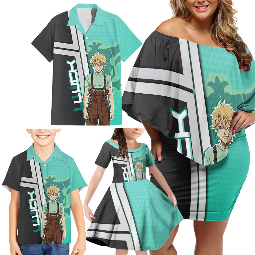 Black Clover Luck Voltia Family Matching Off Shoulder Short Dress and Hawaiian Shirt Modern Anime Poster Style
