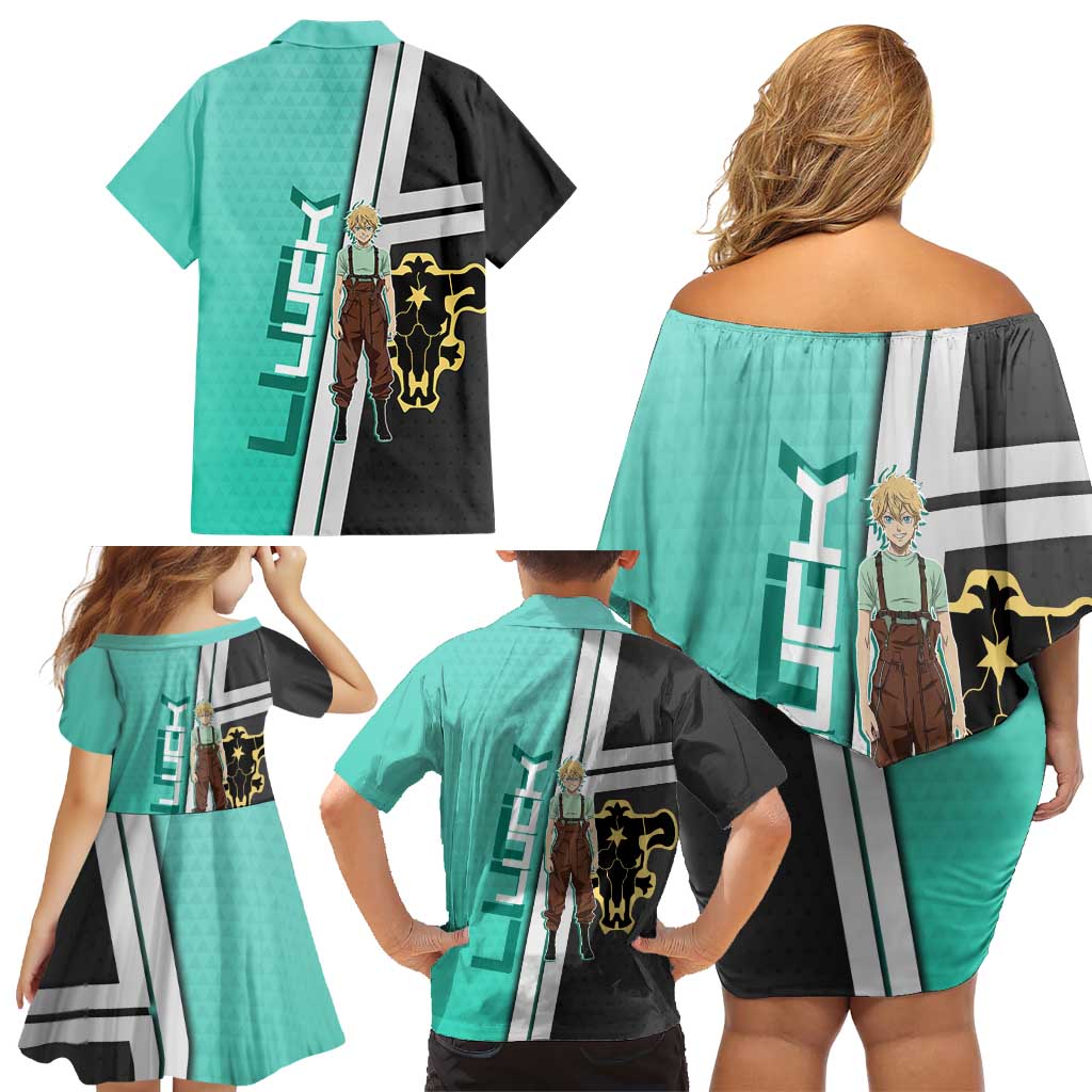 Black Clover Luck Voltia Family Matching Off Shoulder Short Dress and Hawaiian Shirt Modern Anime Poster Style