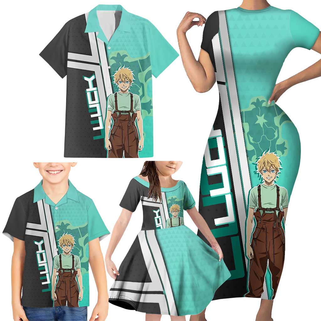 Black Clover Luck Voltia Family Matching Short Sleeve Bodycon Dress and Hawaiian Shirt Modern Anime Poster Style
