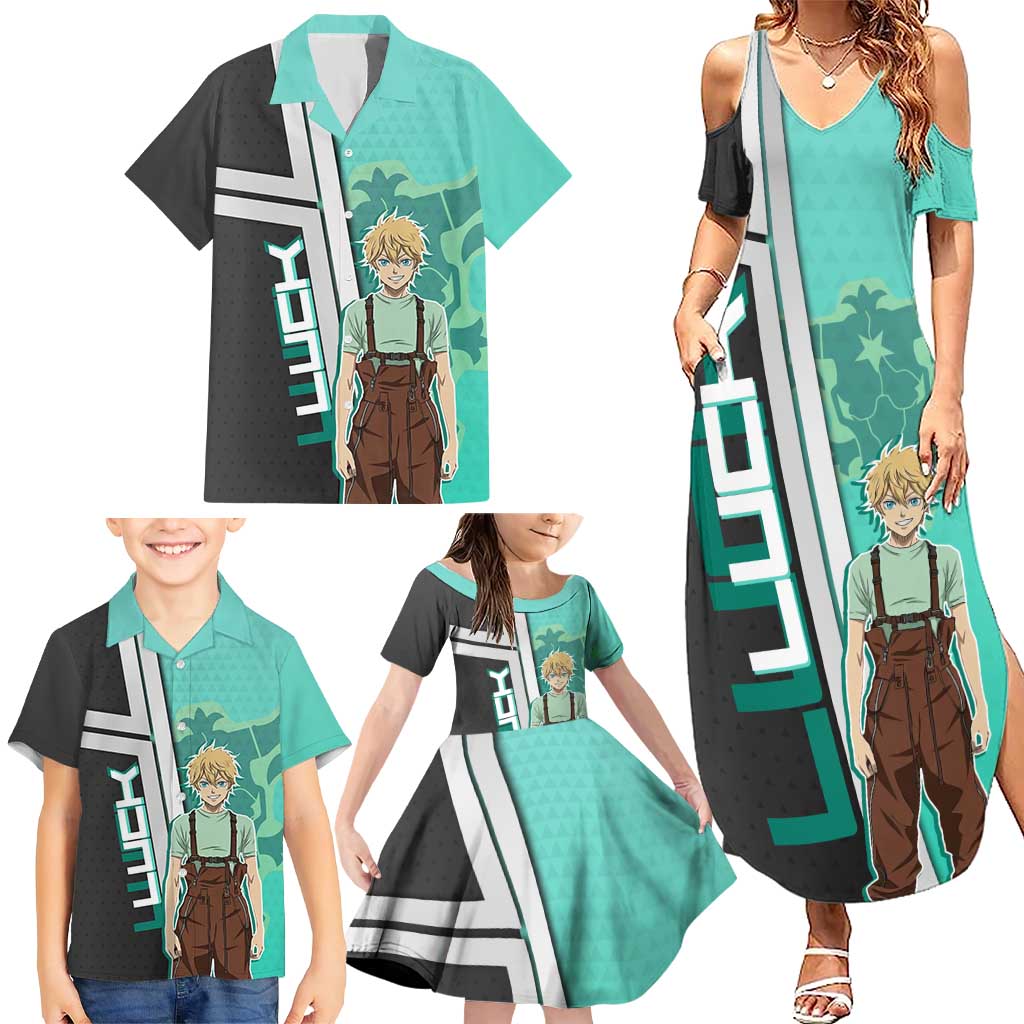 Black Clover Luck Voltia Family Matching Summer Maxi Dress and Hawaiian Shirt Modern Anime Poster Style