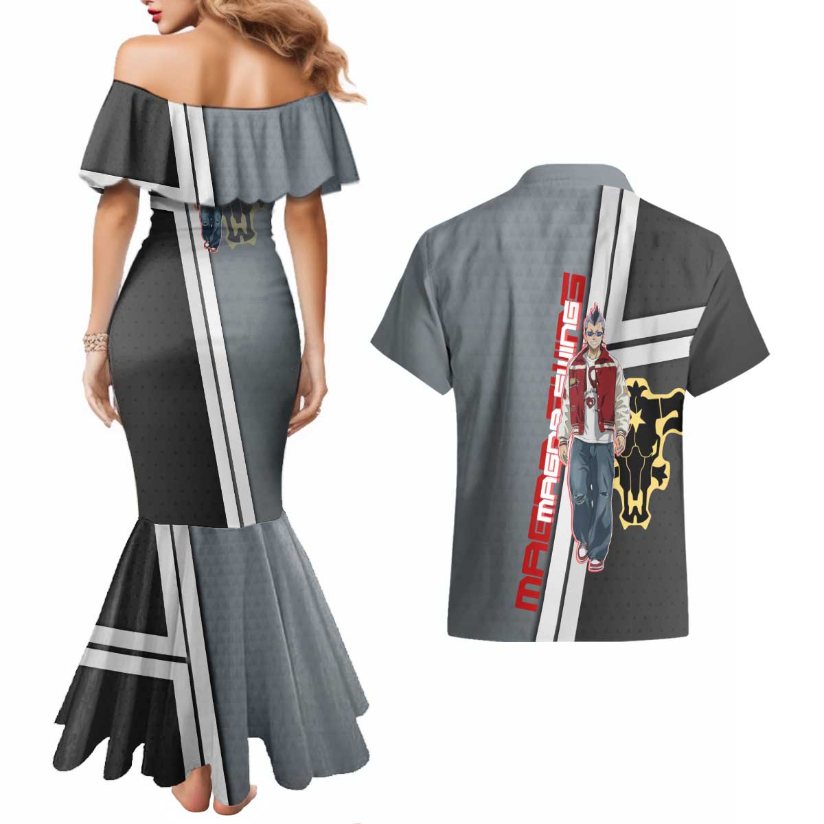 Black Clover Magna Swing Couples Matching Mermaid Dress and Hawaiian Shirt Retro Anime Street Style