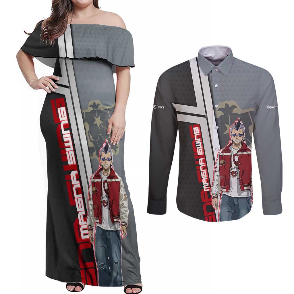 Black Clover Magna Swing Couples Matching Off Shoulder Maxi Dress and Long Sleeve Button Shirt Retro Anime Street Style