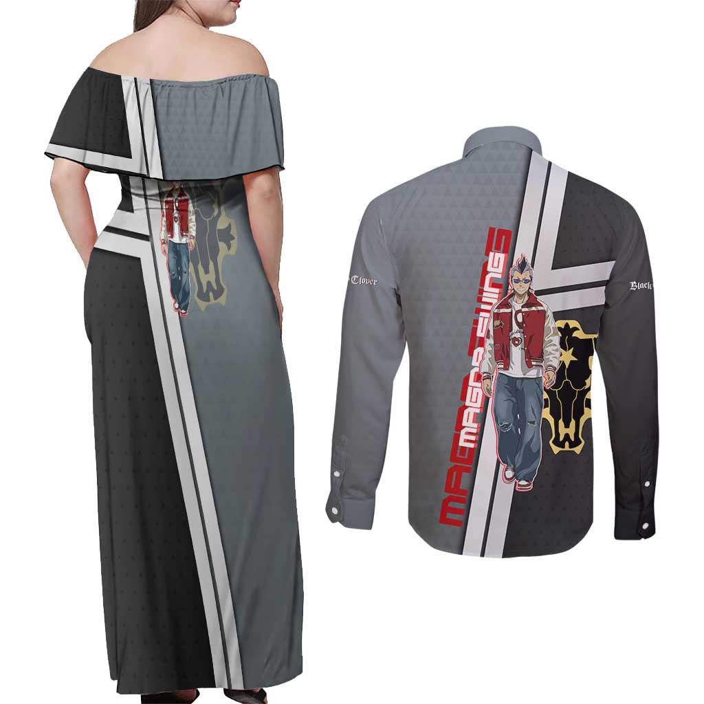 Black Clover Magna Swing Couples Matching Off Shoulder Maxi Dress and Long Sleeve Button Shirt Retro Anime Street Style