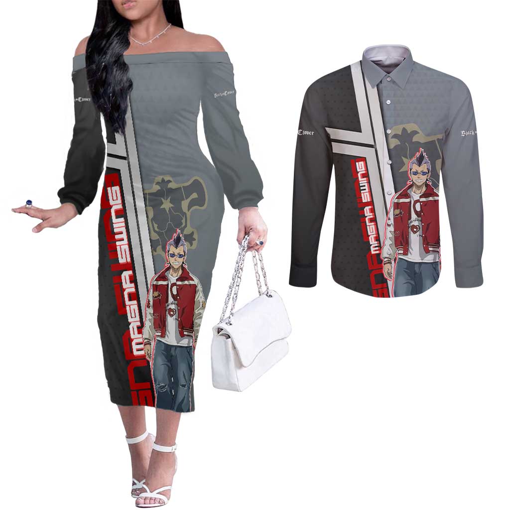 Black Clover Magna Swing Couples Matching Off The Shoulder Long Sleeve Dress and Long Sleeve Button Shirt Retro Anime Street Style