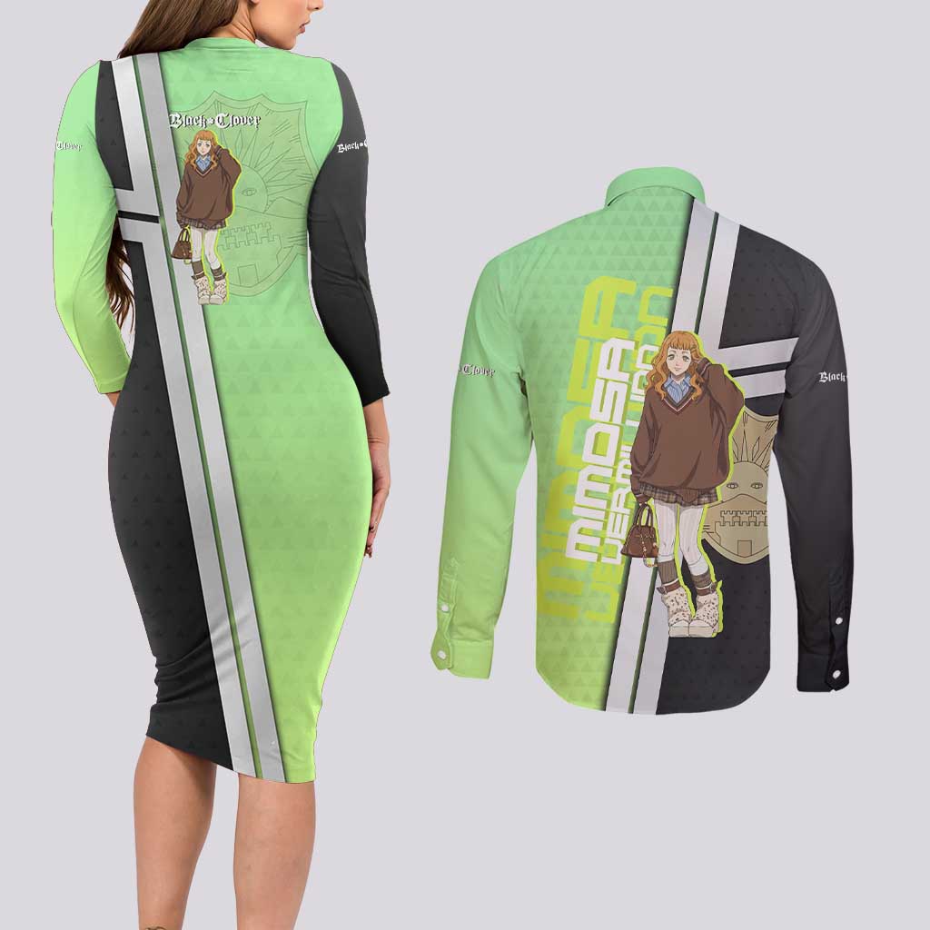Black Clover Mimosa Vermillion Couples Matching Long Sleeve Bodycon Dress and Long Sleeve Button Shirt Cozy Academia Anime Style