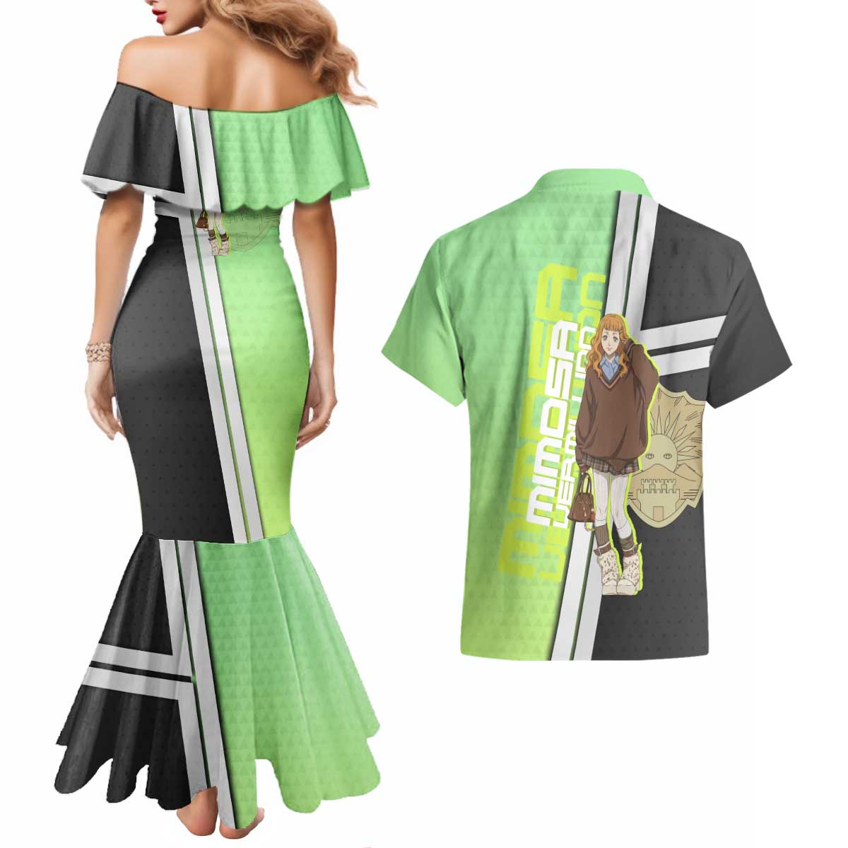 Black Clover Mimosa Vermillion Couples Matching Mermaid Dress and Hawaiian Shirt Cozy Academia Anime Style