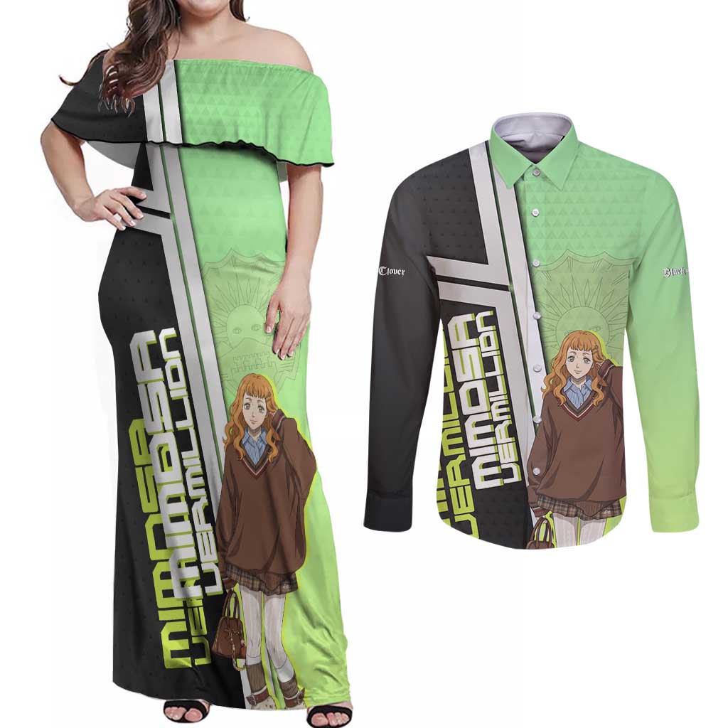 Black Clover Mimosa Vermillion Couples Matching Off Shoulder Maxi Dress and Long Sleeve Button Shirt Cozy Academia Anime Style