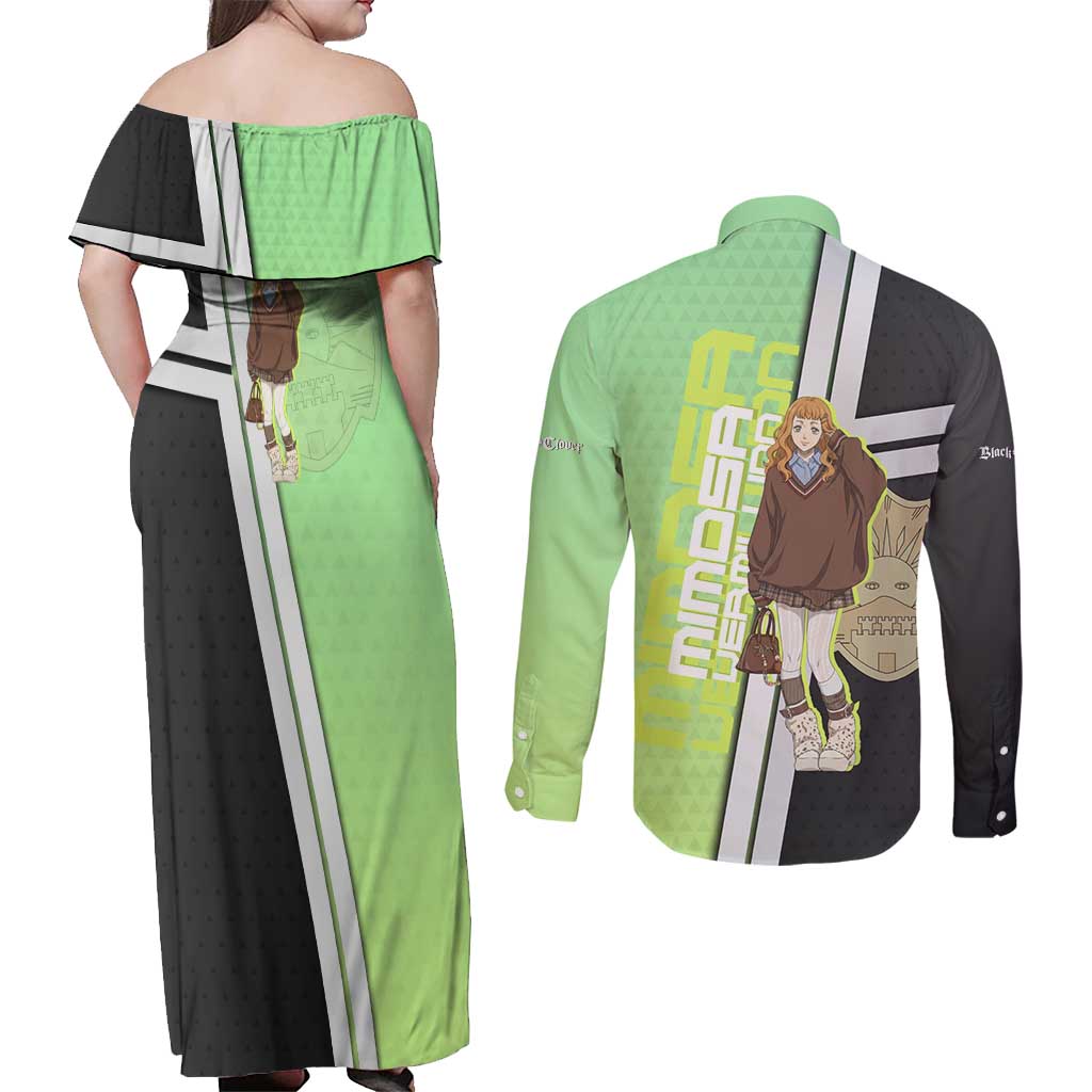 Black Clover Mimosa Vermillion Couples Matching Off Shoulder Maxi Dress and Long Sleeve Button Shirt Cozy Academia Anime Style