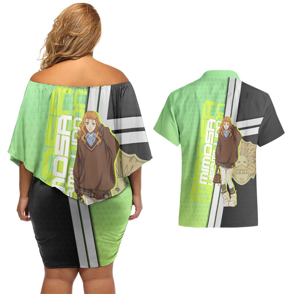 Black Clover Mimosa Vermillion Couples Matching Off Shoulder Short Dress and Hawaiian Shirt Cozy Academia Anime Style