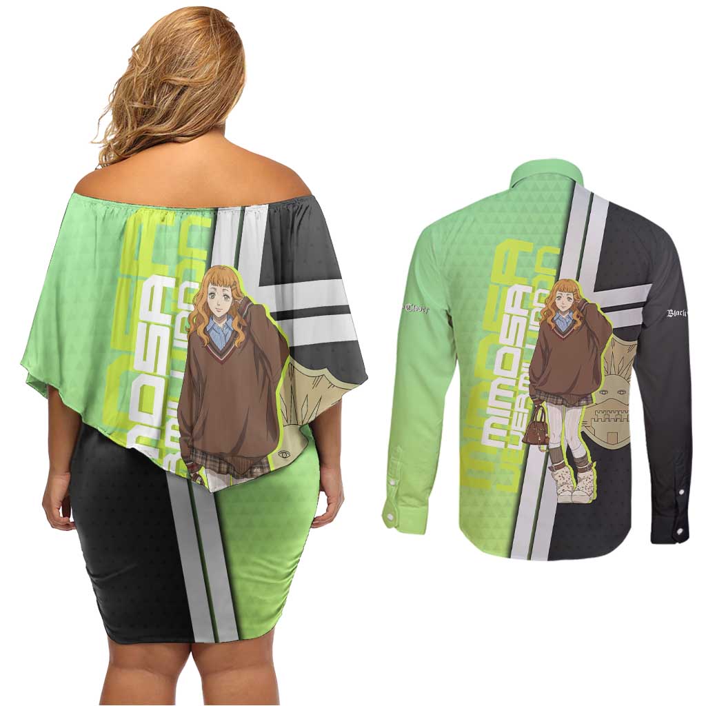 Black Clover Mimosa Vermillion Couples Matching Off Shoulder Short Dress and Long Sleeve Button Shirt Cozy Academia Anime Style