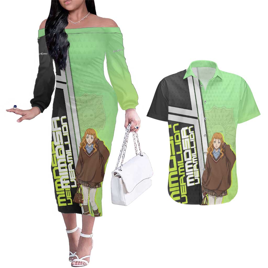 Black Clover Mimosa Vermillion Couples Matching Off The Shoulder Long Sleeve Dress and Hawaiian Shirt Cozy Academia Anime Style