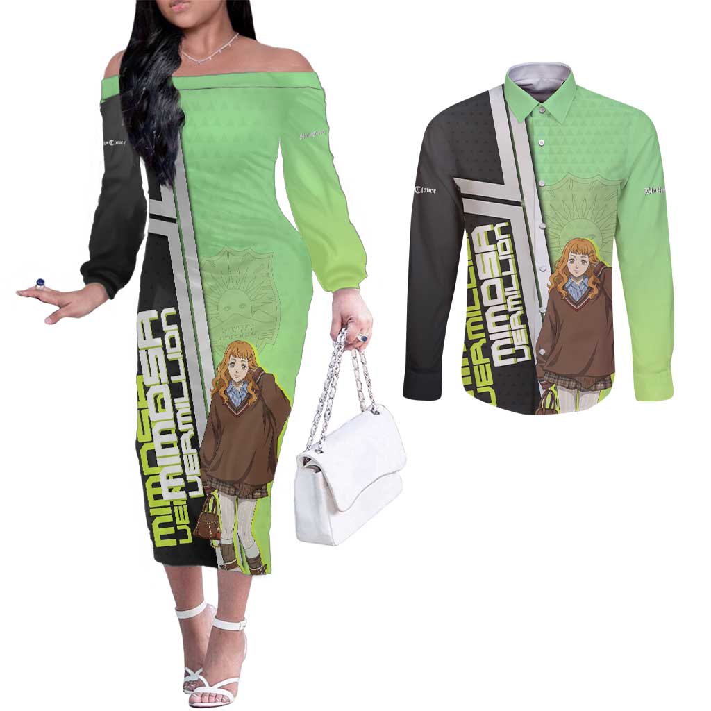 Black Clover Mimosa Vermillion Couples Matching Off The Shoulder Long Sleeve Dress and Long Sleeve Button Shirt Cozy Academia Anime Style