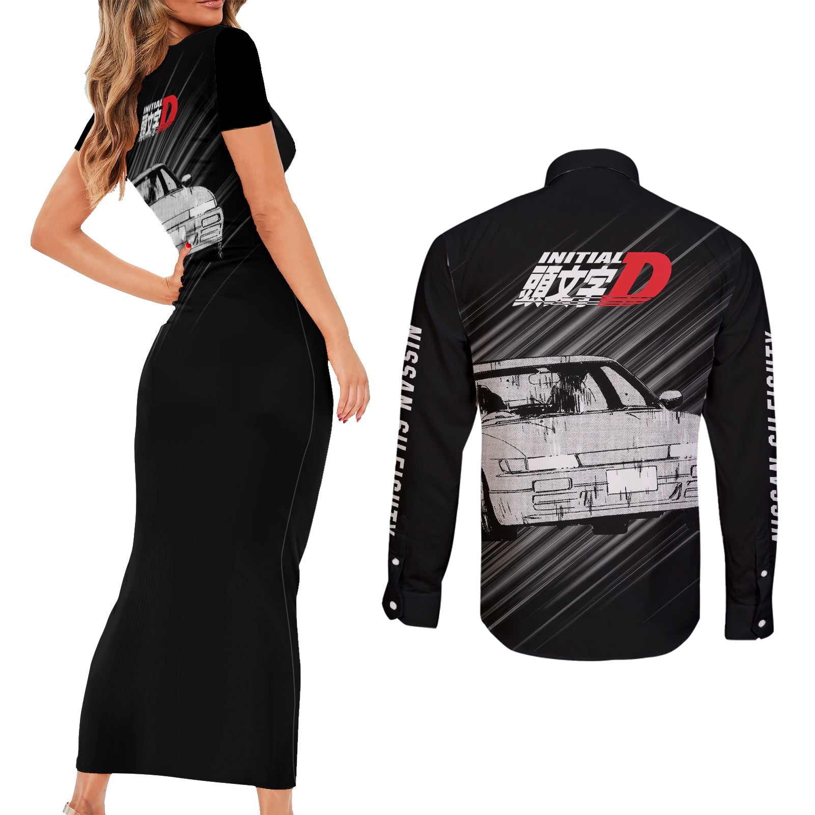 Mako Sato SilEighty Initial D Couples Matching Short Sleeve Bodycon Dress and Long Sleeve Button Shirt Manga Mix Anime Style