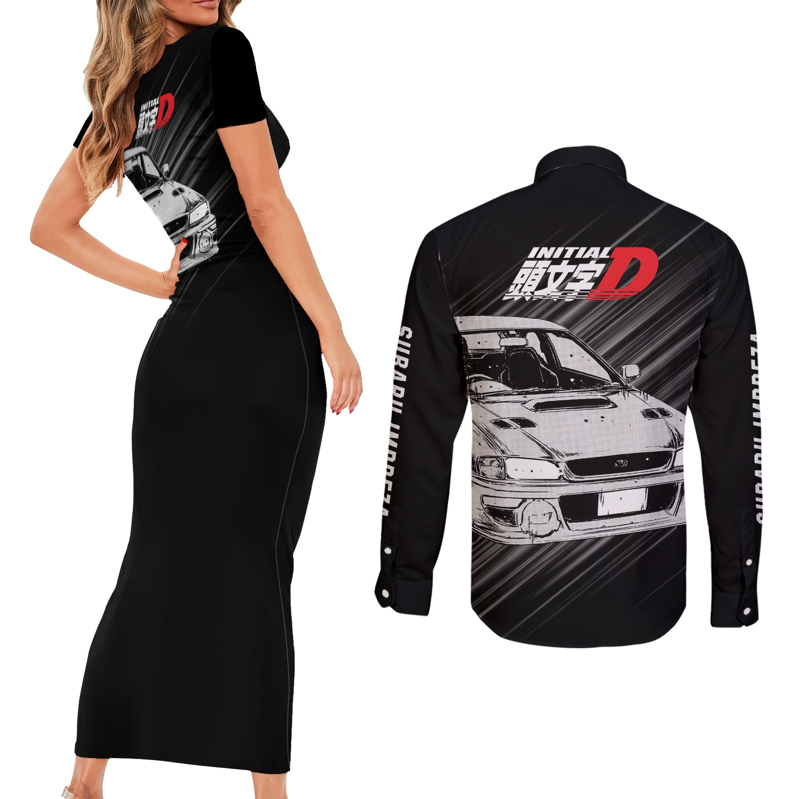 Bunta Fujiwara Impreza Initial D Couples Matching Short Sleeve Bodycon Dress and Long Sleeve Button Shirt Manga Mix Anime Style