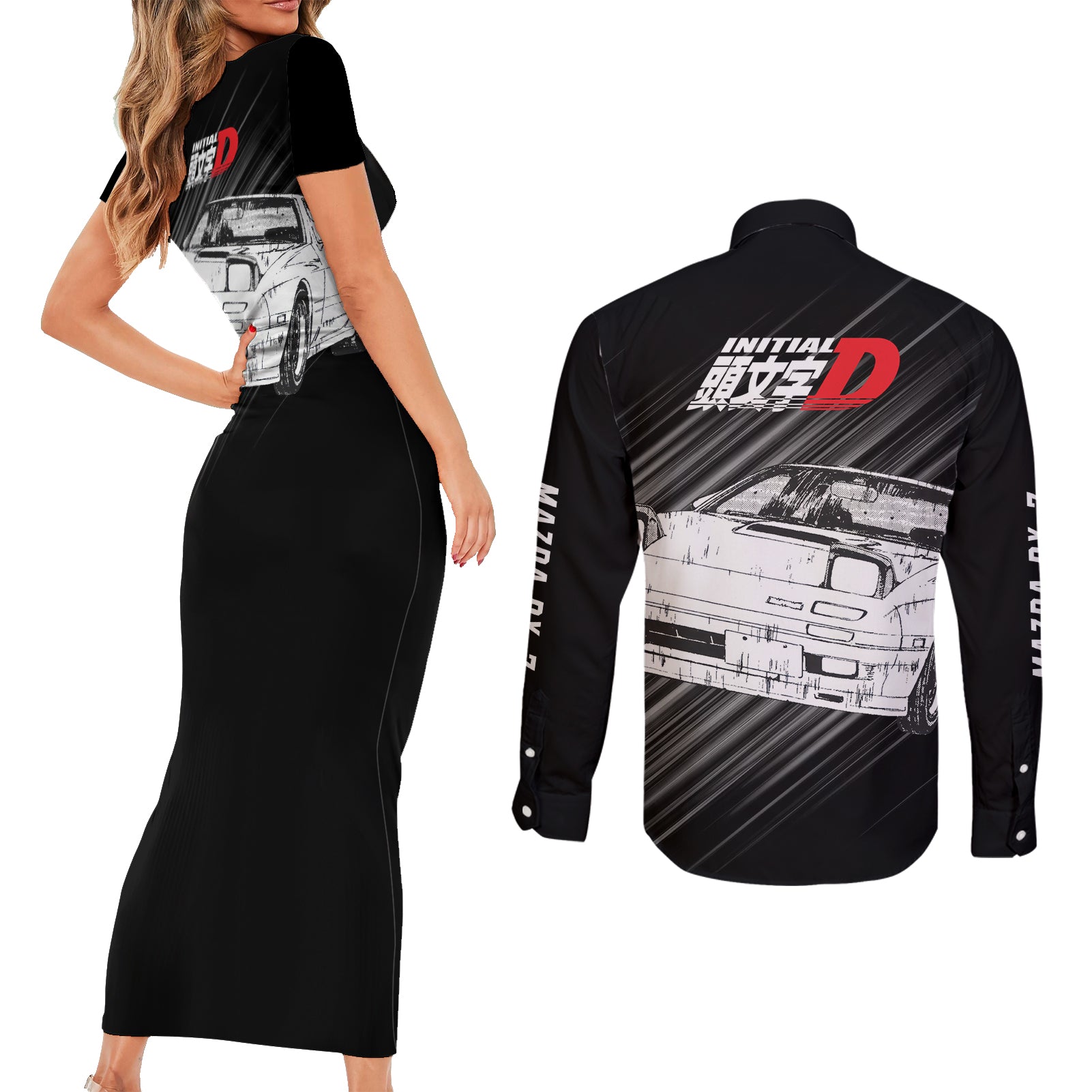 Keisuke Takahashi RX-7 Initial D Couples Matching Short Sleeve Bodycon Dress and Long Sleeve Button Shirt Manga Mix Anime Style