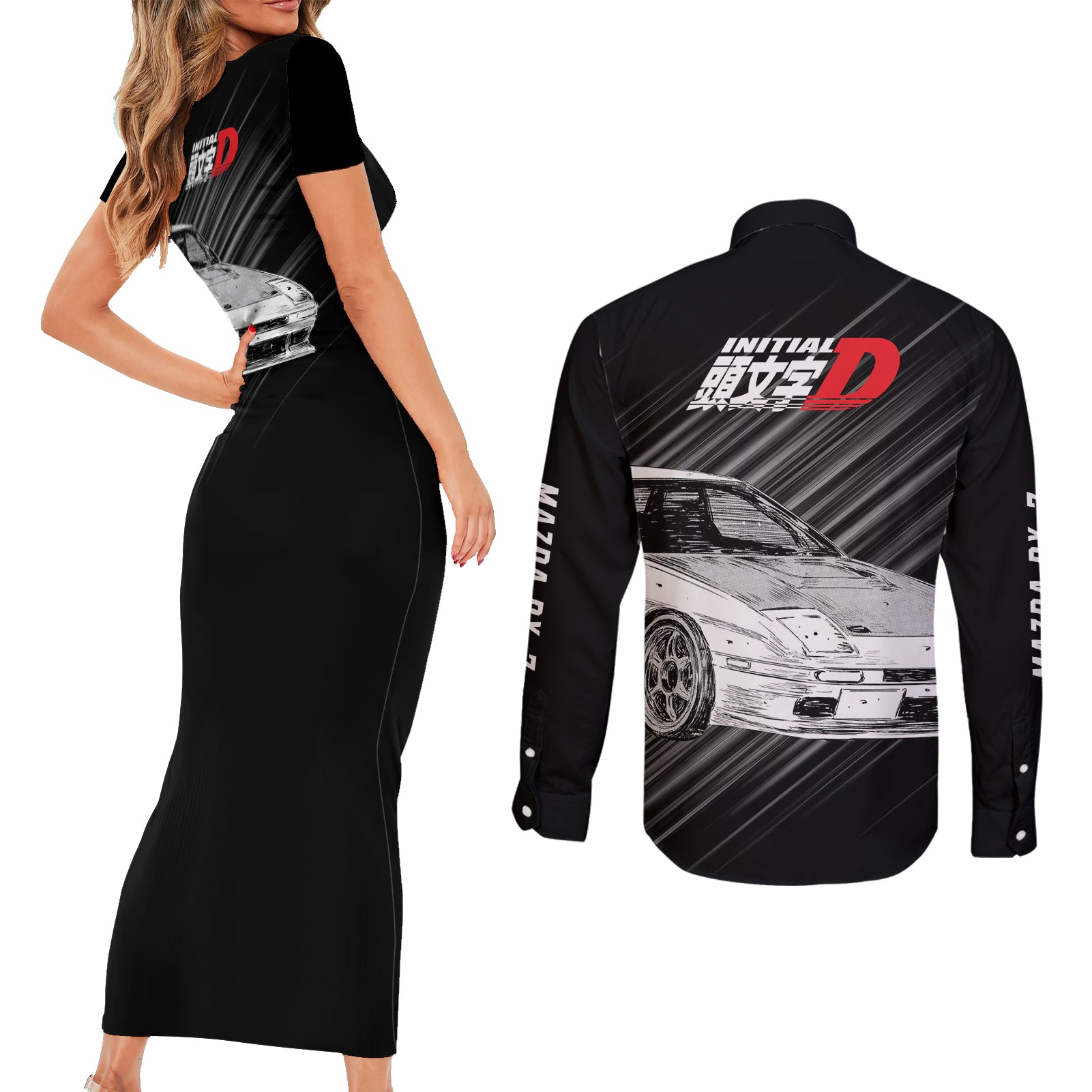 Ryosuke Takahashi RX-7 Initial D Couples Matching Short Sleeve Bodycon Dress and Long Sleeve Button Shirt Manga Mix Anime Style
