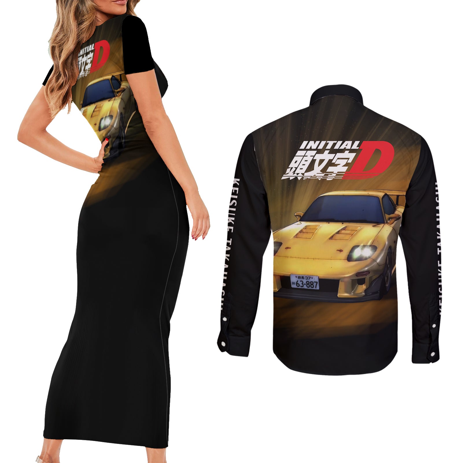 Keisuke Takahashi Initial D Couples Matching Short Sleeve Bodycon Dress and Long Sleeve Button Shirt Anime Style