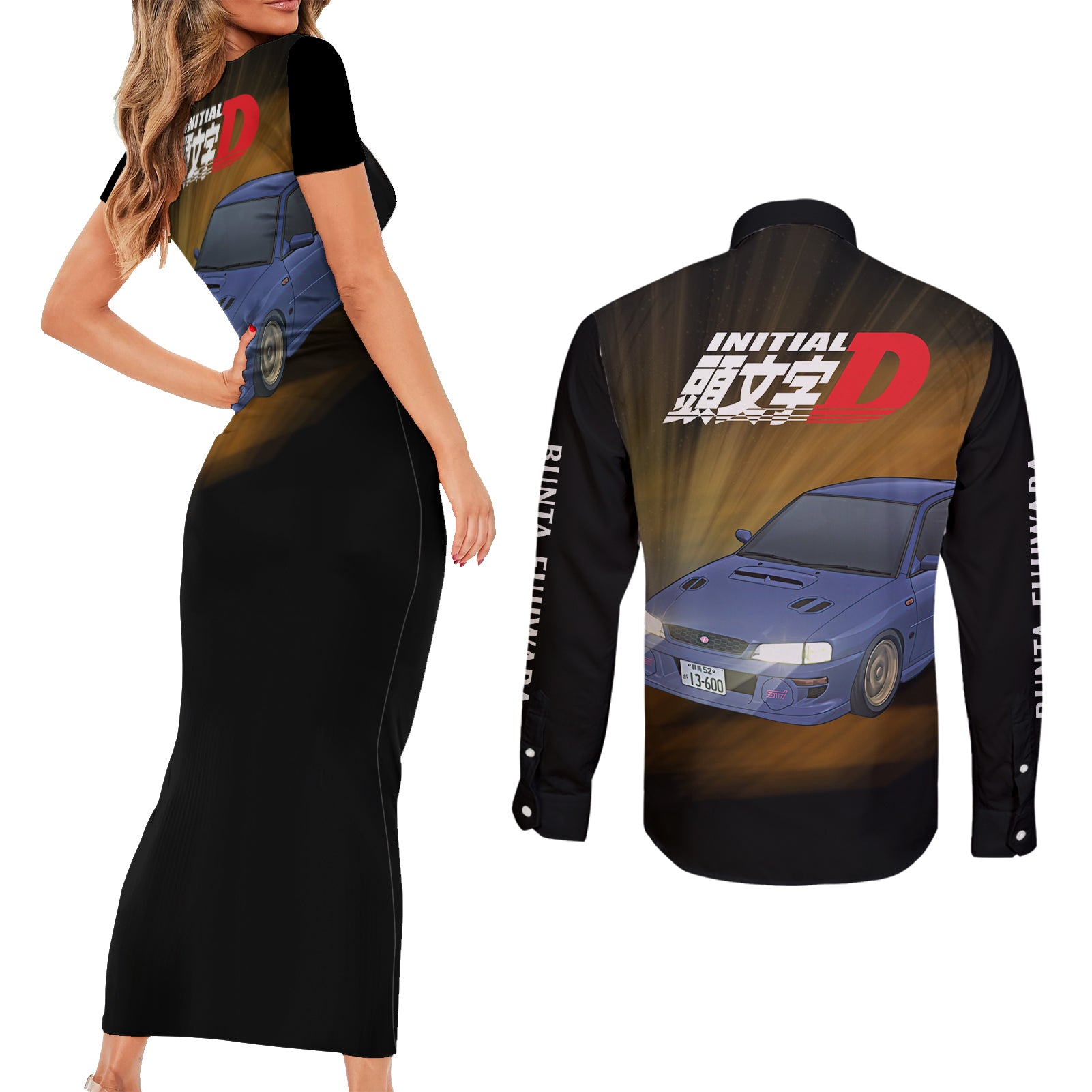 Bunta Fujiwara Initial D Couples Matching Short Sleeve Bodycon Dress and Long Sleeve Button Shirt Manga Mix Anime Style
