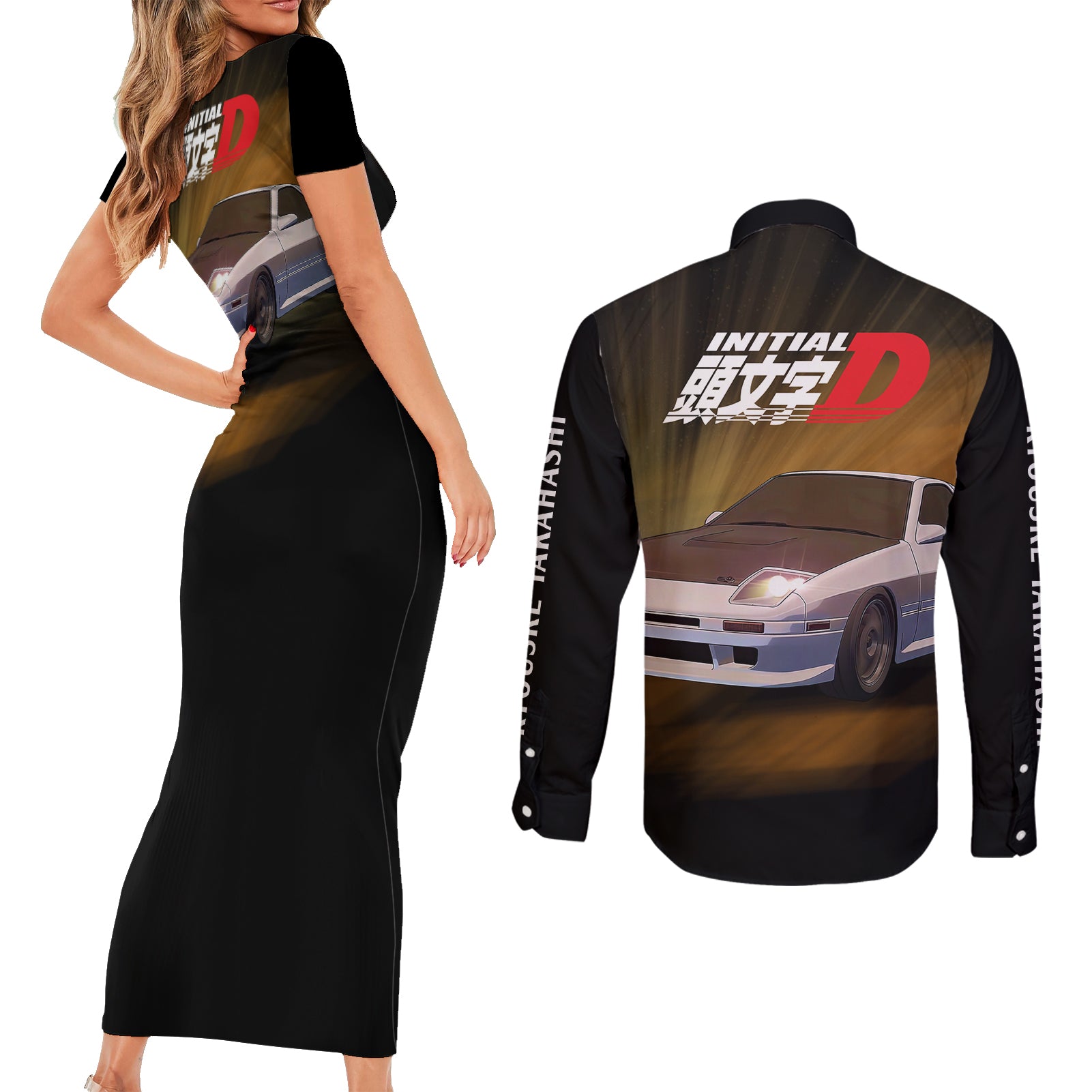 Ryouske Takahashi Initial D Couples Matching Short Sleeve Bodycon Dress and Long Sleeve Button Shirt Manga Mix Anime Style